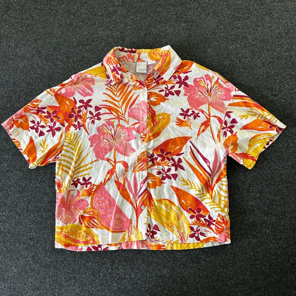 C&C California Womens Tropical Fruit Floral Linen Blend Button Down Shirt M